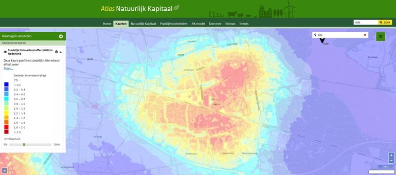 Kaart verkoelend effect van groen en blauw