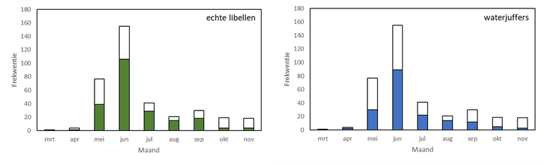 Aantal keren dat vliegende echte libellen (links) en waterjuffers (rechts) zijn waargenomen tijdens een bemonstering voor Waterdiertjes.nl. De staven geven het aantal waarnemingen dat verricht is per maand en de kleuring geeft het deel aan waarin de libellen (groen) en juffers (blauw) zijn gezien