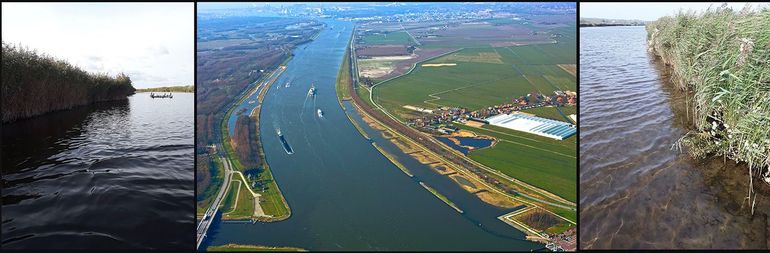 Midden: Noordzeekanaal met links aan de zuidzijde de natuurvriendelijke oever (NVO) Spaarnwoude en rechts aan de noordzijde de NVO Assendelft