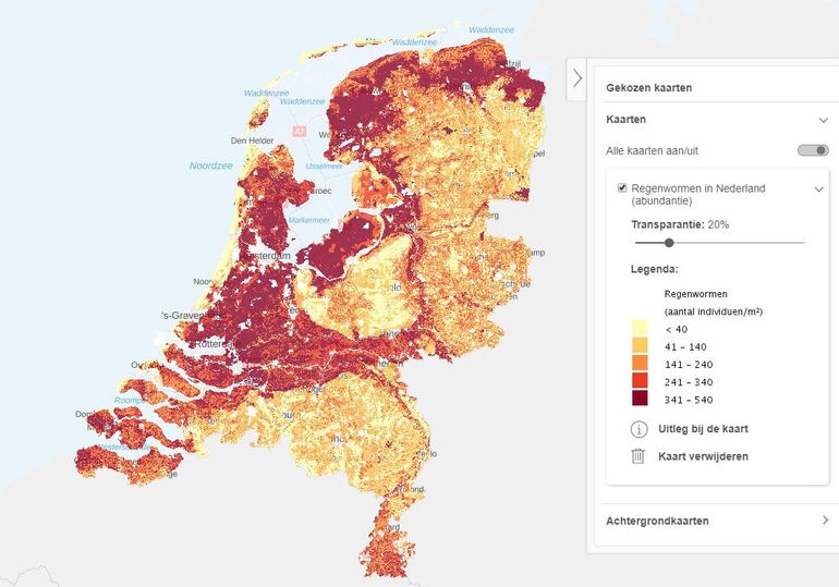 Regenwormdichtheid per vierkante meter in Nederland