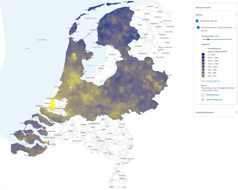 Kaart Hemelhelderheid - aantal zichtbare sterren