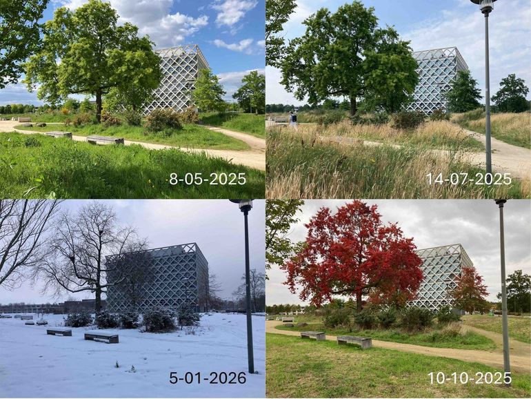 Zuidzijde van het Atlasgebouw met moseiken in de landschapstuin NL2120