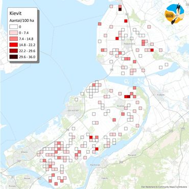 Dichtheden van broedparen Kievit in akkerbouwgebieden in de provincie Flevoland geschat op basis van MAS-tellingen in 2015.