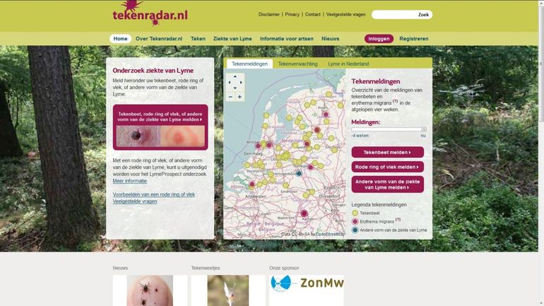Screenshot Tekenradar.nl op 1 april 2017 met weergave meldingen tekenbeten (groene bolletjes) en ziekte van Lyme gevallen (rode en blauwe bolletjes) die in de periode 25 maart tot en met 1 april 2017 zijn doorgegeven
