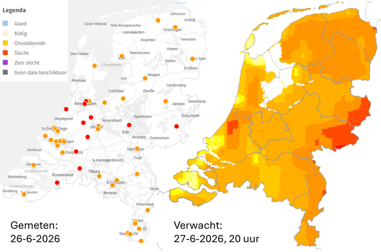 Ozonsituatie op 26 juni 2026 om 19 uur en de verwachting voor de luchtkwaliteit op 27 juni om 20 uur