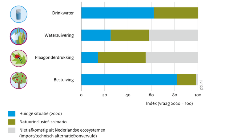 Een natuurinclusieve inrichting van Nederland leidt tot een toename van verschillende ecosysteemdiensten ten opzichte van de huidige situatie, zoals te zien is in dit voorbeeld voor het landelijk gebied