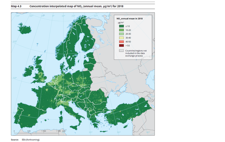 Concentratie NO2 Europa in 2018