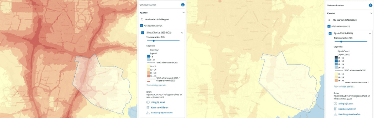 Als je de gemeente Houten op de Atlaskaarten Stikstofdioxide 2023 (links) en Fijnstof 2023 PM10 (rechts) bekijkt, valt het op dat de concentraties minder hoog zijn dan die van buursteden Nieuwegein (links) en Utrecht (boven)