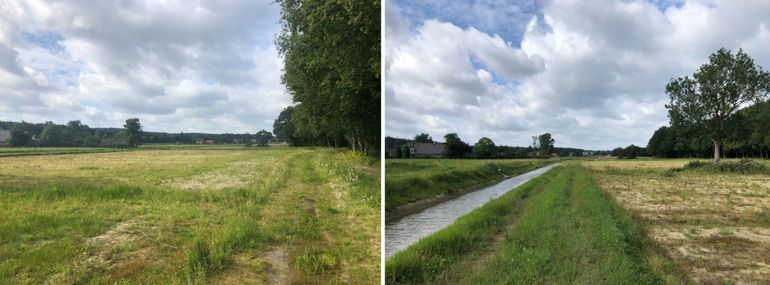 Op de linker foto is aan de rechterkant de gedempte Oostelijke Leigraaf nog vaag te zien. Op de rechter foto staat de verlegde Oostelijke Leigraaf. De 3,5 hectare grasland tussen oude en nieuwe sloot is bestemd als nieuwe natuur (potentieel schraalgrasland). De grond werd daarvoor afgeplagd om de fosfaatrijke bodemlaag te verwijderen. Aan het eind van de zomer wordt maaisel uit De Bruuk uitgespreid om de juiste zaden te introduceren