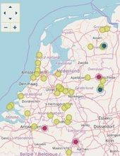 Tekenbeten (groene stippen) en lyme (roze en blauwe stippen) gemeld van 28 maart t/m 4 april 2018 op Tekenradar.nl