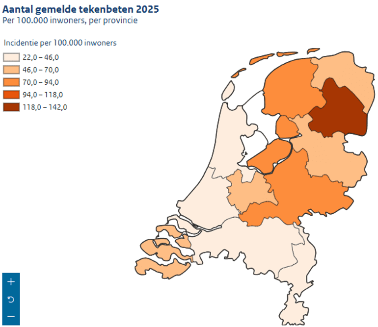 Aantal tekenbeetmeldingen op Tekenradar.nl per 100.000 inwoners per provincie in 2025