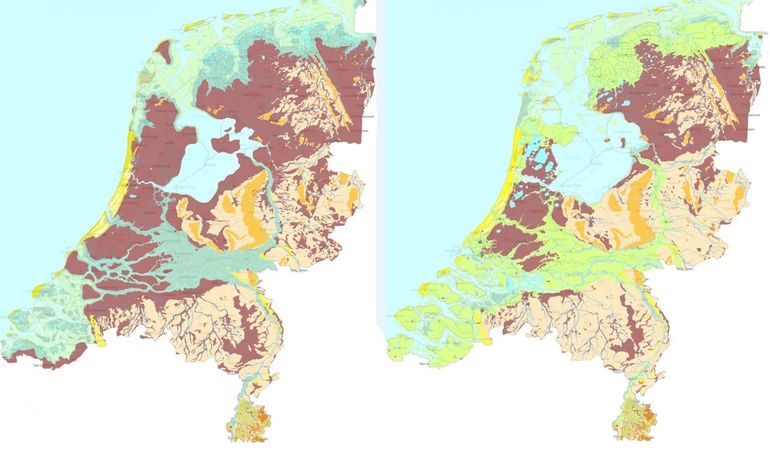 In 700 jaar veranderde het Nederlandse landschap ingrijpend. Rond 800 bestonden grote delen van West- en Noord-Nederland nog uit uitgestrekte veengebieden (links). Door ontwatering en ontginning was rond 1500 (rechts) al een groot deel van het veen verdwenen