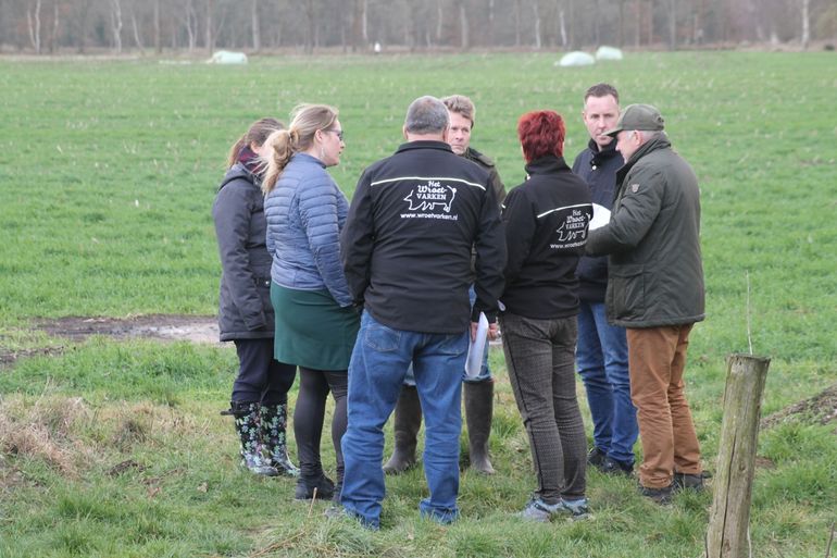 Wroetvarkensboeren en vrijwilligers inventariseren welke aanpassingen op het boerenerf kunnen worden gedaan