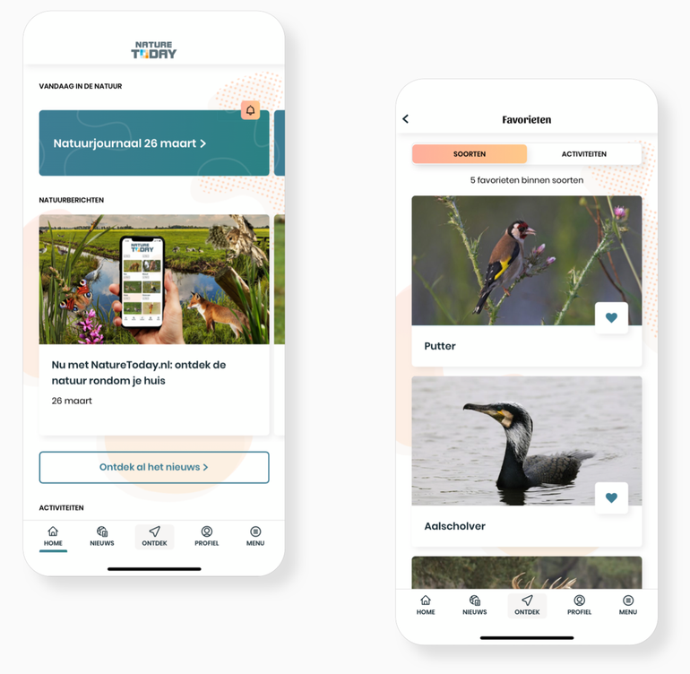 Screenshot met weergave van natuurjournaal en natuurberichten (links) en een overzicht van favorieten (rechts) 