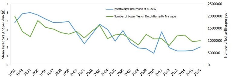 De gegevensuit het Duitse onderzoek (blauw) en de gegevens van dagvlinders uit Nederland (groen)