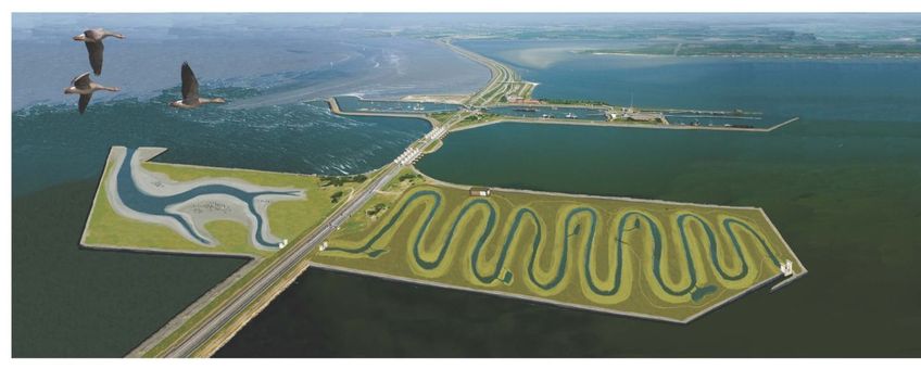 Artist's impression van hoe de brakwaterrivier bij Kornwerderzand er ongeveer uit zou komen te zien