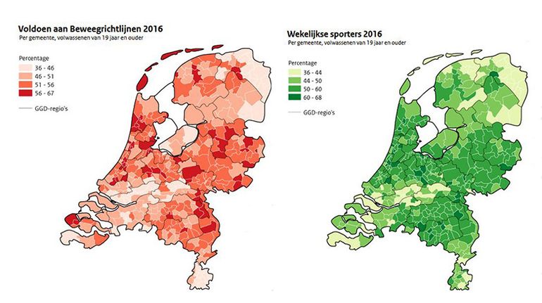 Kaarten Voldoen aan Beweegrichtlijnen 2016 en Wekelijkse sporters 2016 