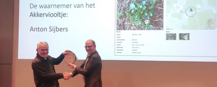 NDFF‑vertegenwoordiger Jan Willem van der Vegte overhandigt de erkenning van de 250 miljoenste waarneming in de NDFF aan Anton Sijbers uit Bakel, die de waarneming van het Akkerviooltje deed
