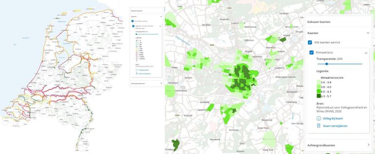 Primaire waterkeringen (links) en Klimaatrisicokaart (rechts)