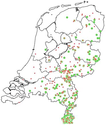 Waarnemingen scheefbloemwitje, groen: tot en met 2018, rood: 2019