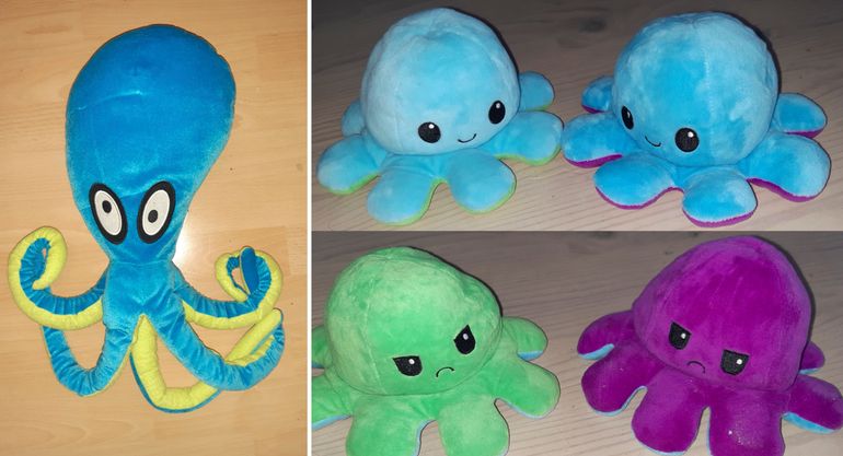 Knuffel-octopus. Rechts: binnenstebuiten verandert de kleur en stemming. Net als in het echt