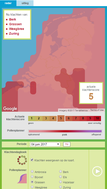 Verwachting start piekperiode graspollenseizoen (rode kleur in kaart) door Pollenplanner voor 4 juni 2017 gegenereerd op 4 mei 2017