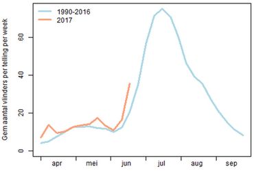 De rode lijn geeft het aantal getelde vlinders per route in 2017, de blauwe lijn is het gemiddelde van 1992-2016