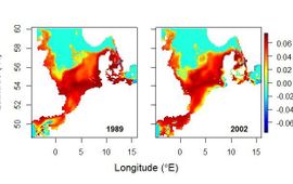 IMARES Deze habitatkaart van de Noordzee voor jonge schol (zo’n 25 cm groot) laat zien dat sinds 1989 de kustzones van rood (= hoge potentiële groeisnelheid jonge schol) naar geel (= lage groeisnelheid) en lokaal naar groenblauw (= negatieve groeisnelheid) zijn verkleurd. Het recent ontwikkelde model toont aan dat de kustzones vanaf 2002 een ongeschikte habitat is voor jonge schol van deze grootte.