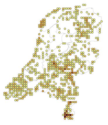 Aantal bijensoorten van de Rode Lijst per 5x5-kilometerhok in de periode 2002-2016