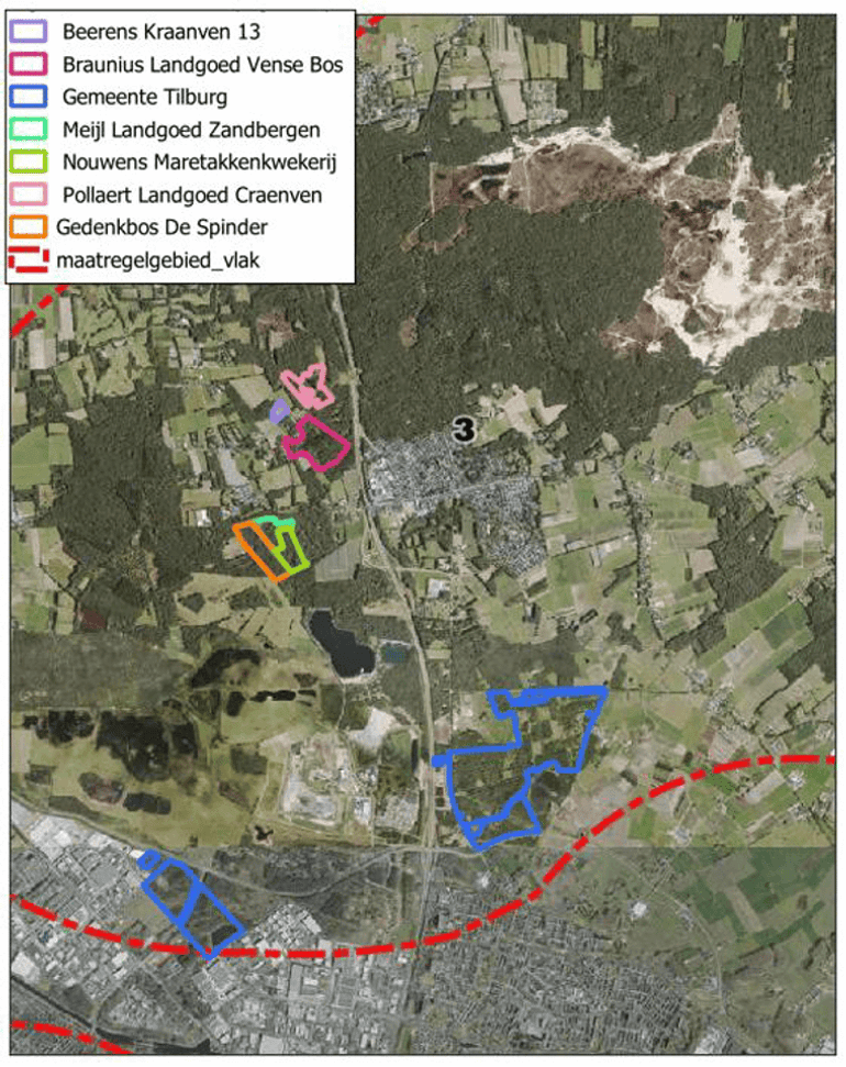 Het beoogde gebied in Loon op Zand voor de verbetering en vergroting van het leefgebied van de bruine eikenpage