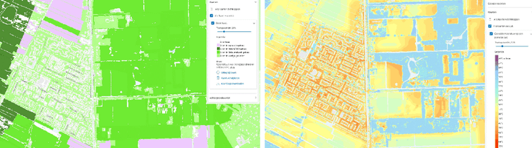 Buitenplaats Gooilust op de Groenkaart en de kaart Gevoelstemperatuur op een zomerse dag. Je ziet duidelijk dat het in het nabij gelegen Kortenhoef (links) meer opwarmt dan in de groene omgeving van buitenplaats Gooilust (rechts)