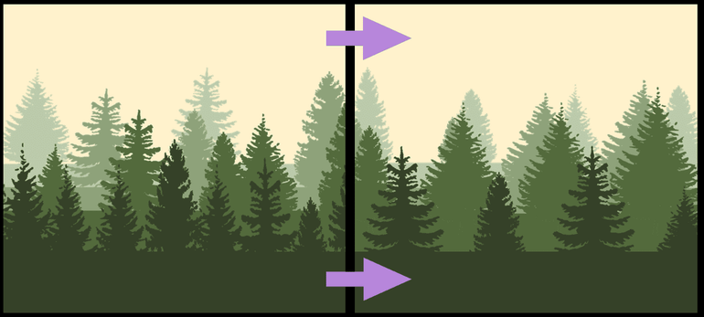 Expected shift in boreal forests. The left panel shows typical current tree densities: higher densities in the warmer southern boreal forests (foreground, dark green), lower densities in the cold northern boreal forests (background, light green). The right panel shows the modelled shift towards one density because dense forests become more open and sparse forests become denser