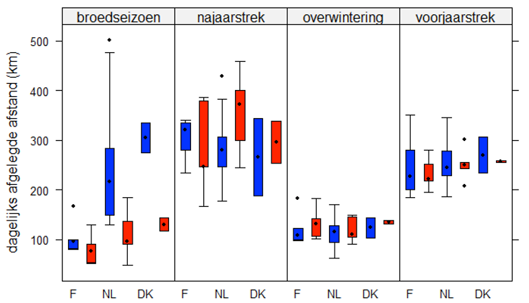 Gemiddelde dagelijkse afstanden gedurende de vier fasen in het jaar van mannetjes (blauw) en vrouwtjes (rood) Grauwe Kiekendieven in Frankrijk, Nederland en Denemarken