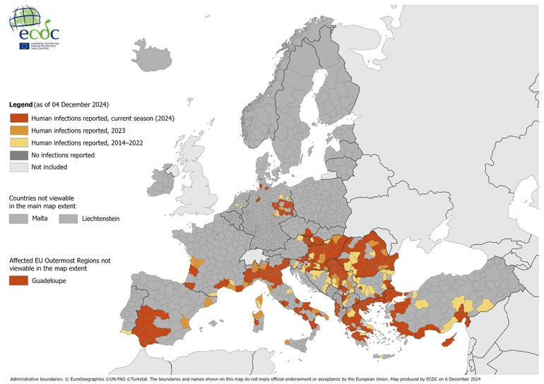 Regio’s in Europa waar het westnijlvirus bij mensen is aangetroffen. Waarnemingen in 2024 zijn rood weergegeven. Waarnemingen in 2023 zijn oranje weergegeven. Waarnemingen in de periode 2014 tot en met 2022 zijn lichtgeel weergegeven. In de donkergrijze gebieden zijn tot nu toe geen waarnemingen aangetroffen