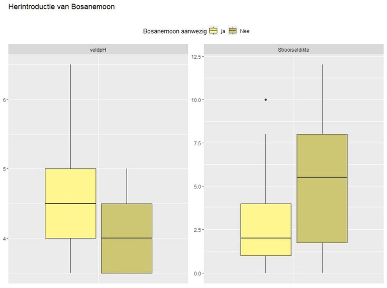 Metingen van bodem-pH en strooiseldikte (in centimeters) op locaties waar bosanemoon na herintroductie nog aanwezig was (lichtgeel), in vergelijking met locaties waar bosanemoon niet meer aanwezig was na herintroductie (donkergeel)