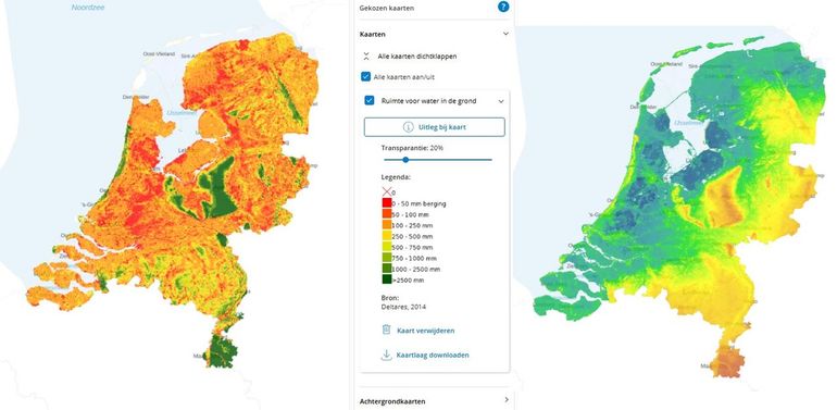 De kaarten laten zien dat hoogte en ruimte voor water in de bodem vaak samenhangen. Op de hoogtekaart rechts zijn de hogere delen van Nederland, zoals de Veluwe, geel en oranje. Op de kaart links is op veel van deze hogere zandgronden ook meer ruimte om water in de bodem op te slaan, te zien aan de groene kleuren. In de laaggelegen polders in West-Nederland is die ruimte juist kleiner