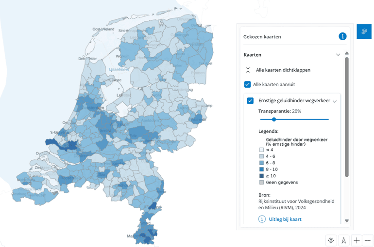 Kaart Ernstige geluidhinder door wegverkeer: in Nederland ervaren mensen regelmatig ernstige geluidhinder door wegverkeer