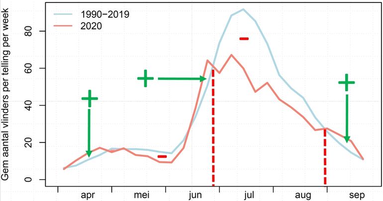 Aantal dagvlinders (alle soorten) per telling. Blauw: 1990-2019; rood: 2020