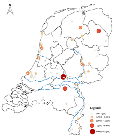 Aantal overgezette amfibieën per traject in 2016