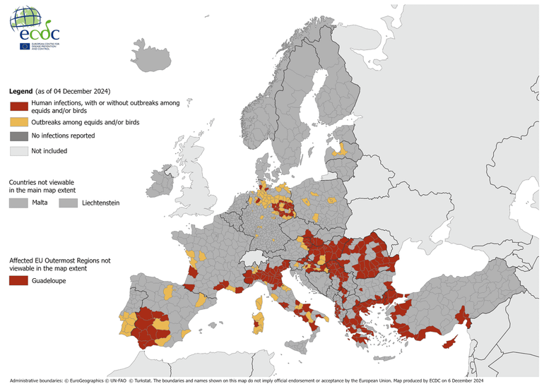 Locaties in Europa waar in 2024 bij mensen het westnijlvirus is vastgesteld (rood). In de oranje gebieden is het westnijlvirus vastgesteld bij paardachtigen en/of vogels