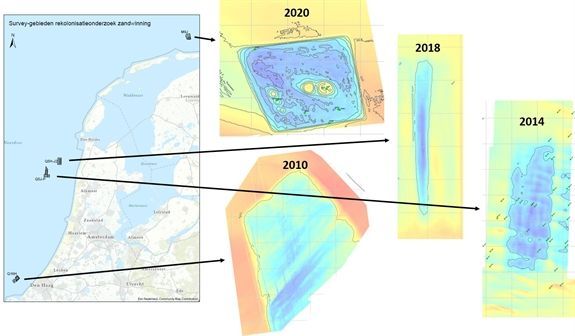 The location, orientation (blue is deep, red is shallow) and year of sand extraction of the four sand extraction sites that have been studied. The grey-coloured grid (500x500 metres) gives an indication of the size of the well