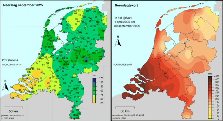 Links het totaal gevallen neerslag in de maand september. Rechts: het neerslagtekort, met in het zuidwesten nog steeds zo'n 400 millimeter tekort
