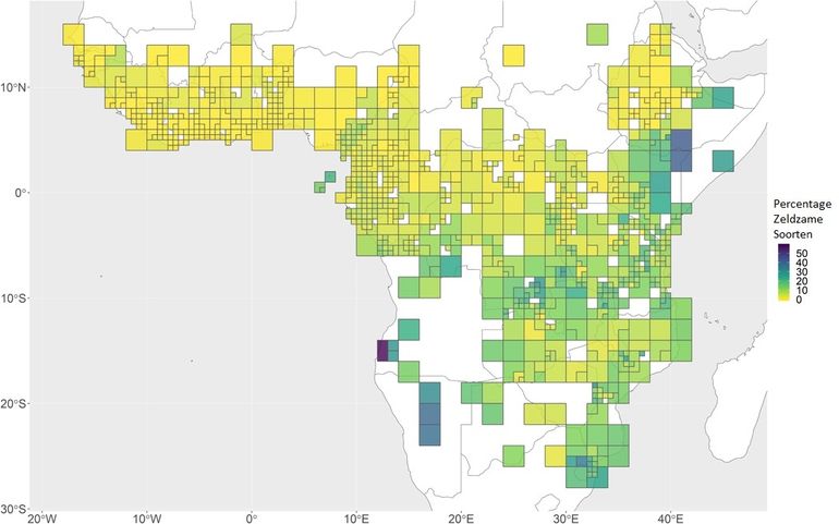 Ruimtelijke verdeling van zeldzame soorten over tropisch Afrika