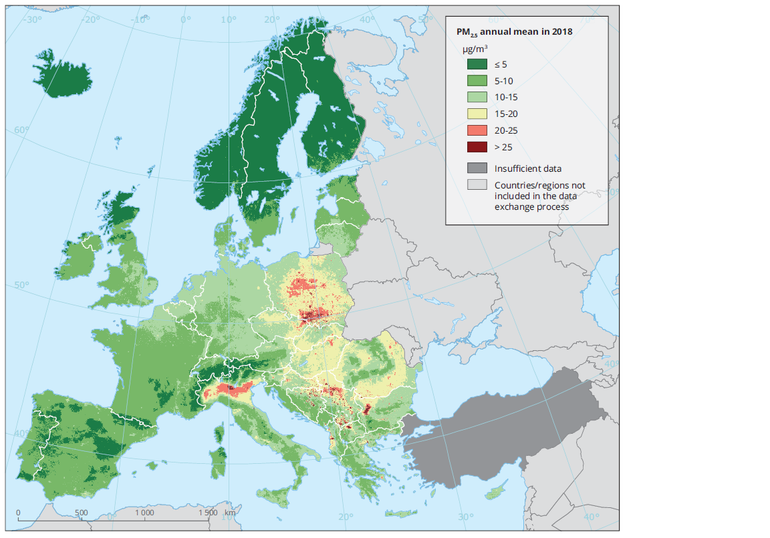 Concentratie PM 2,5 Europa 2018 