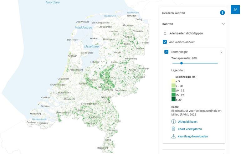 Een kaart zegt meer dan duizend woorden. Op de kaart Boomhoogte zie je in een opslag waar de hoge bomen in Nederland staan. Zo zie je dat in gebieden met veel natuur, zoals de Utrechtse Heuvelrug en de Veluwe, veel meer hoge bomen staan dan in de Randstad