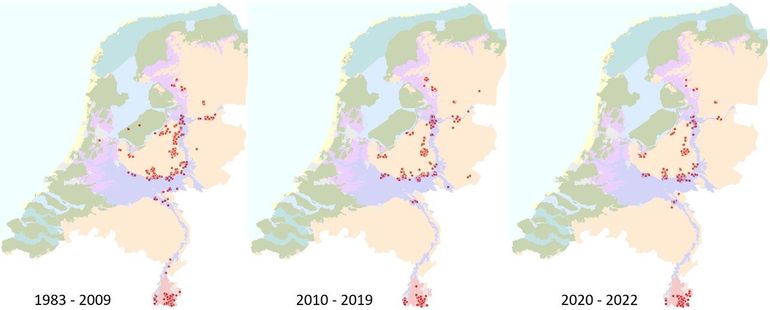 De verspreiding van de sleedoornpage de afgelopen veertig jaar. De vlinder komt vooral op overgang van veen en klei naar zandgronden