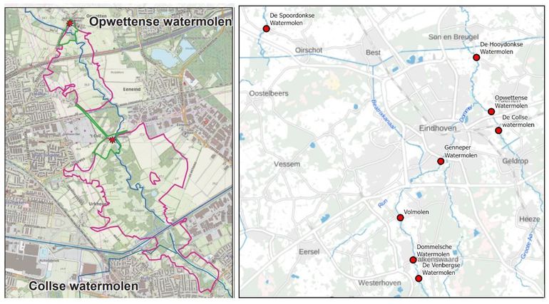 Links: de molenlandschappen (roze lijnen) rond de Opwettense en Collse molen. Rechts: een kaart met de acht watermolens in het stroomgebied van de Dommel. De Opwettense molen is de derde molen van boven