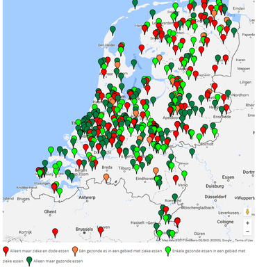 Locaties van de waarnemingen doorgegeven tot 2 september 2017 via Essentaksterfte.nu