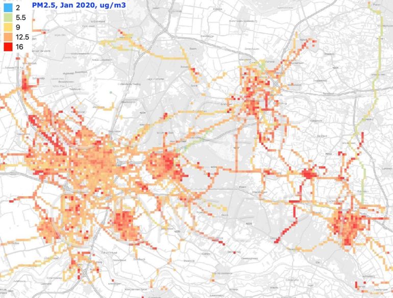 Fietsdata januari 2020 opgeschoond, gekalibreerd, gemiddeld en vertaald naar geschatte maandgemiddelde concentraties