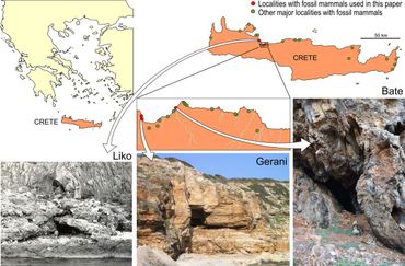 Kaart van Griekenland en Kreta met de Liko-, Gerani- en Bategrotten, de meest fossielrijke grotten op Kreta